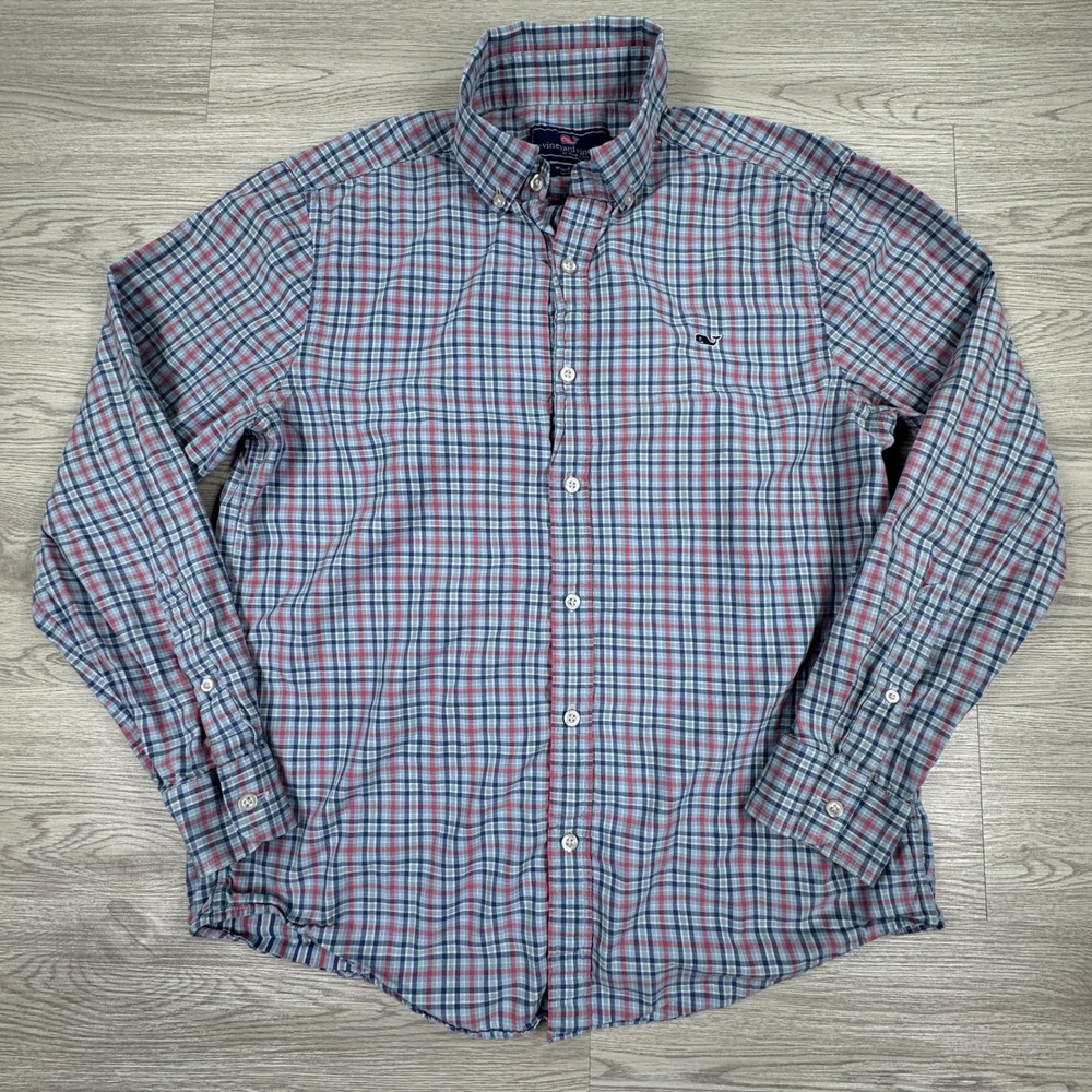 Vineyard Vines Men's Button Down Whale Shirt Plaid Red Blue Medium Long Sleeve